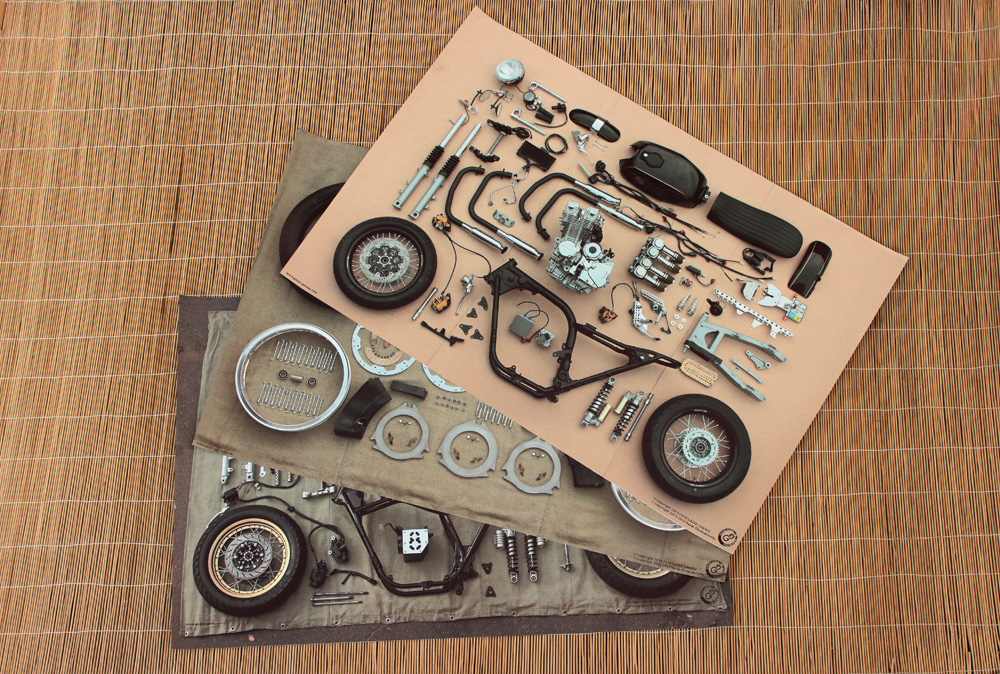 Cafe-racer poster. Exploded view.