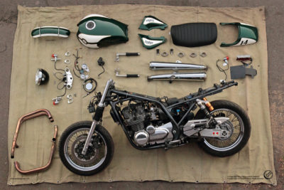 Kawasaki Zephyr 750 cafe-racer exploded view poster.